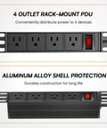 Plug And Play 10 Inch Rack PDU With Four AC Outlets Sits Perfectly Inside Mini Server Racks, featuring 4 outlets in aluminum alloy shell.