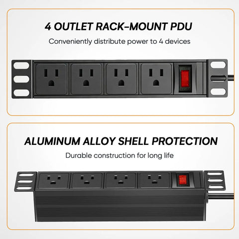 Plug And Play 10 Inch Rack PDU With Four AC Outlets Sits Perfectly Inside Mini Server Racks, featuring 4 outlets in aluminum alloy shell.