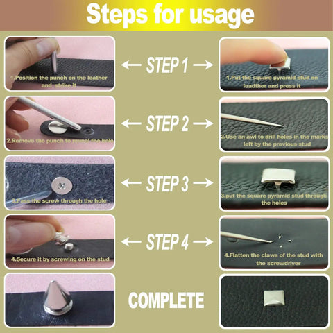 How to use Dope Punk Studs And Spikes Kit Featuring 593 Heavy Duty Cone And Square Pyramid Studs Plus Awl Punch Set.