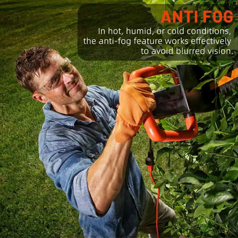 Heavy Duty Wraparound Safety Glasses Featuring Anti Fog Lens And Ansi Z87.1 Certification Tough Work Eye Protection in use while trimming hedges.