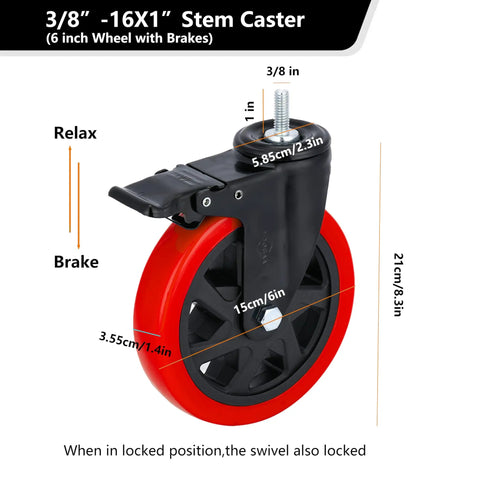 Heavy Duty Stem Caster Wheels 3 8 By 1 Inch Screw Dual Lock Silent PVC Cart Set Of 4 Heavy Hauler Built Tough For Dollies Tool Chests Workbenches No Sweat Glide, showcasing a 6-inch wheel with brake.