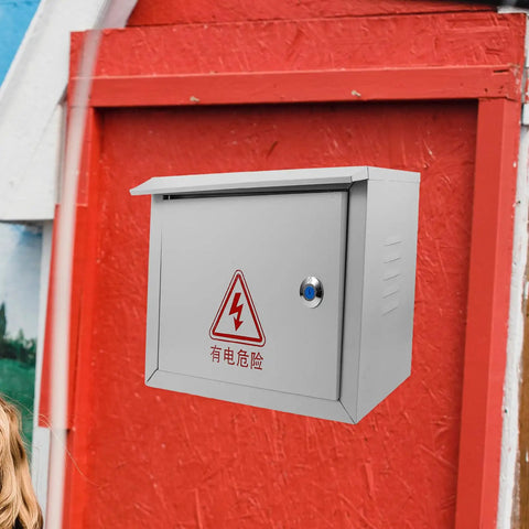 Weatherproof Metal Electrical Junction Box Outdoor Enclosure 300x400x160mm mounted on red wooden wall