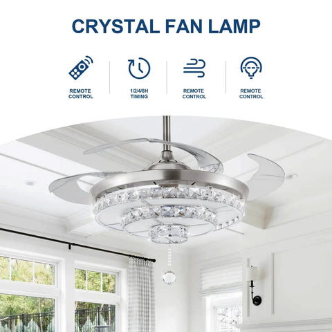 Crystal Ceiling Fan With Lights Retractable Fandelier in modern chrome, showing crystal layers and blades, indoor setting