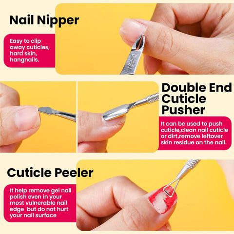 Close-up of Must Have Pro Grade Gel Nail Polish Remover Tools Kit showing nail nipper, double end cuticle pusher, and peeler in use.