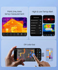 Android Thermal Camera With 512x384 IR Resolution displaying heat signatures on smartphone, features for inspections and troubleshooting.