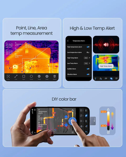 Android Thermal Camera With 512x384 IR Resolution displaying heat signatures on smartphone, features for inspections and troubleshooting.