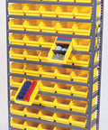 Hardcore Steel Storage Shelving Rack With Sixty Green Hopper Front Plastic Bins Absolute Favorite For Warehouse Parts Organization And Garage Inventory Control Setup, showcasing yellow bins on steel shelves.