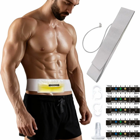 Hella Discreet Urine Test Kit With Straight Up Smooth Concealment Belt For Drug Screening and Temporary Sample Storage Includes Legit Temperature Strips And Adjustable Buckles For Fast Access displayed on a male model.