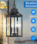 Badass Matte Black Outdoor Pendant Lighting Three Bulb Exterior Hanging Porch Fixture With Clear Glass Shades All Weather Housing, water-resistant design.