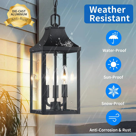 Badass Matte Black Outdoor Pendant Lighting Three Bulb Exterior Hanging Porch Fixture With Clear Glass Shades All Weather Housing, water-resistant design.