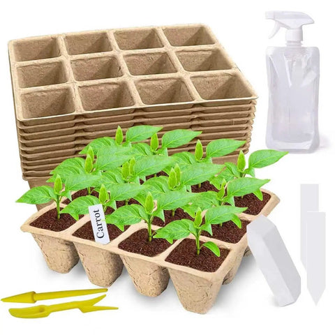 120 Cell Seed Starter Tray Kit For Indoor Gardens With Biodegradable Peat Pots, seedlings growing, trays stacked, and garden tools