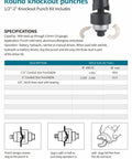 Specification sheet for Handy Manual Knockout Punch Driver Kit For One And A Half Inch To Two Inch Conduit Holes with diagrams