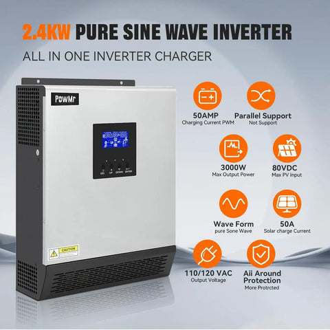 2400W Solar Inverter With 24 Volt DC Input To 110 And 120 Volt AC Pure Sine Wave 50 Amp PWM Charge Controller Hybrid Inverter