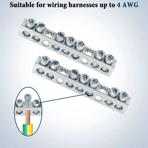 7 Terminal Grounding Bar Kit For QO Load Centers with stainless steel screws, shown with wiring harness compatibility up to 4 AWG.
