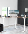 Vivo Electric L Shaped Corner Standing Desk With Memory Height Adjustment And White Finish For Office Ergonomic Sit Stand Workstation.