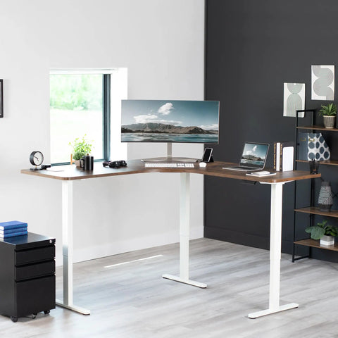 Vivo Electric L Shaped Corner Standing Desk With Memory Height Adjustment And White Finish For Office Ergonomic Sit Stand Workstation.