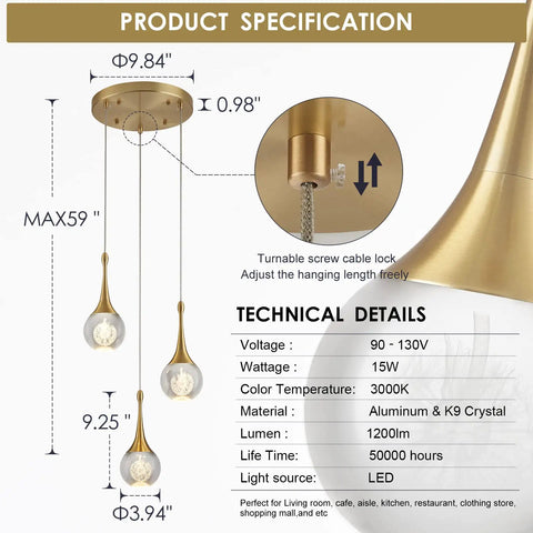 Specifications of 3 Light Gold Pendant Light Fixture with dimmable LED teardrop crystal cluster, 15W 3000K, 59" max length.