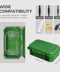 Badass Heavy Duty Outdoor Electrical Box With IP54 Weatherproof Rating And A Hella Tough Rubber Gasket Seal To Keep Wire Connections Safe And Dry In Rain Snow Or Dust Green open with dimensions and hole sizes displayed.