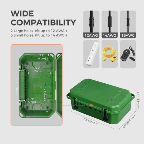 Badass Heavy Duty Outdoor Electrical Box With IP54 Weatherproof Rating And A Hella Tough Rubber Gasket Seal To Keep Wire Connections Safe And Dry In Rain Snow Or Dust Green open with dimensions and hole sizes displayed.