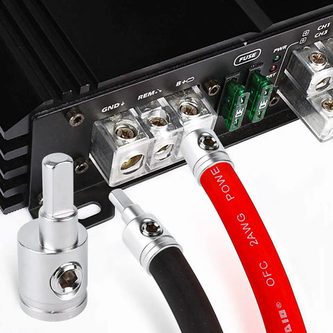 Heavy-Duty Car Stereo Wire Reducer Kit 0 Gauge To 4 Gauge For Amp Input, AWG Power And Ground Adapters, 4-Pack With Brass Nickel-Plated Connectors, Screws, And Heat Shrink on car amplifier terminals