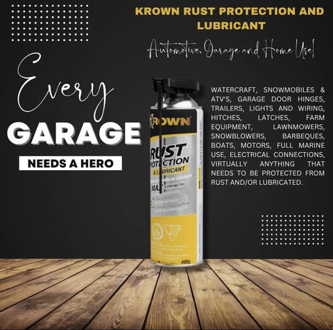 T40 Beefed Up Rust Protection And Lubricant For Metal Surfaces, 14 oz can, shown on a wooden table, automotive and home use.