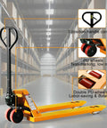 Heavy Duty Manual Pallet Jack Truck With 5500 Lbs Capacity And Dual Polyurethane Wheels, showcasing handle control and PU wheels.
