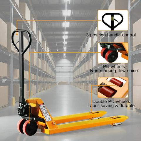 Heavy Duty Manual Pallet Jack Truck With 5500 Lbs Capacity And Dual Polyurethane Wheels, showcasing handle control and PU wheels.