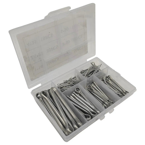 Beefy Heavy Duty Cotter Pin Kit 690 Pcs Zinc Plated Steel Split Pins With Castle Nut For Trailer Hitch Lawn Mower And Automotive Use All Purpose Fasteners in a clear divided box