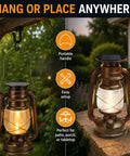 Antique Style Battery Operated Lanterns 2 Pack With IP65 Waterproof Rating And Two Lighting Modes Steady Or Flicker Battery Included Rustic Hanging Decor For Garden Patio Camping And Emergency Use displayed with hanging and tabletop options.