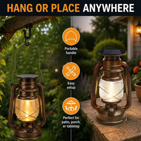 Antique Style Battery Operated Lanterns 2 Pack With IP65 Waterproof Rating And Two Lighting Modes Steady Or Flicker Battery Included Rustic Hanging Decor For Garden Patio Camping And Emergency Use displayed with hanging and tabletop options.