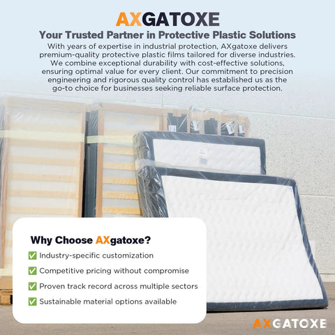AXgatoxe packaging showing premium protective plastic films with mattresses in protective bags against a wall with branding text.