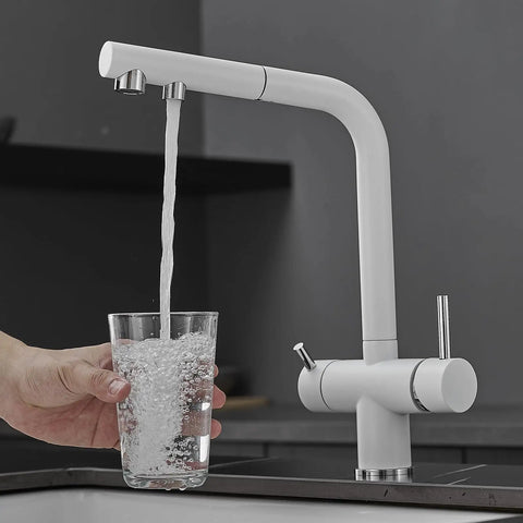 3-Way Kitchen Faucet with Pull-Down Hose Ch h Rotating Design Water Filter for Drinking Modern Sink Mixer pouring water into a glass.