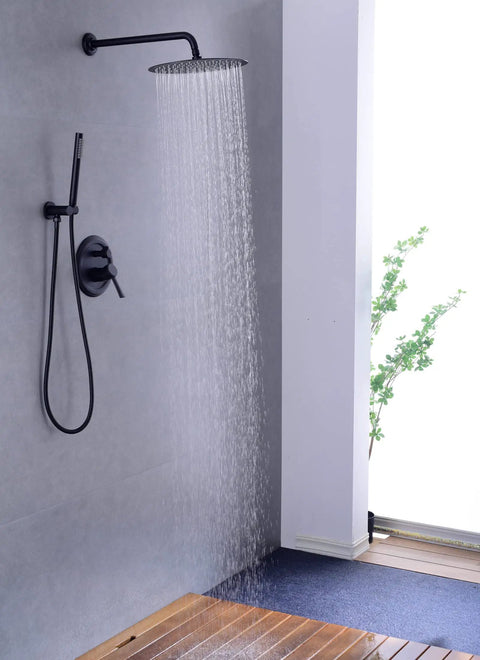 12 Inch Shower System With Pressure Balanced Valve, Round Rainfall And Handheld Shower Head, Matte Black, Wall Mounted view