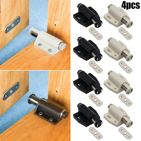 Door Catch Set Pack Of 4 No Brainer Push Open Touch Latch with Soft Close and strong spring loaded closure, black and white.