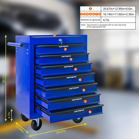 Beast Seven Drawer Rolling Tool Chest For The Garage With Ball Bearing Slides, blue steel with side handle and casters
