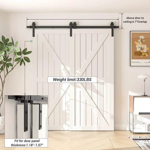 4Ft Bypass Sliding Barn Door Hardware Kit For Double Wooden Doors On One Track With Combination Track Mode installed view.