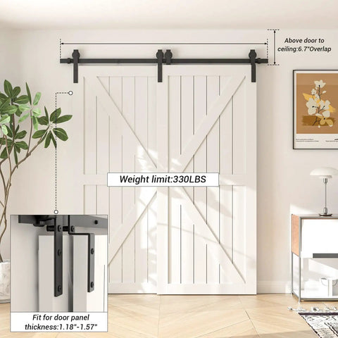 Installed 11 Foot Bypass Sliding Barn Door Hardware Kit For Double Wooden Doors With Single Track Bypass System No Sweat Install Smooth Roller Action Heavy Duty Sliding Door Hardware For Modern Home Renovation