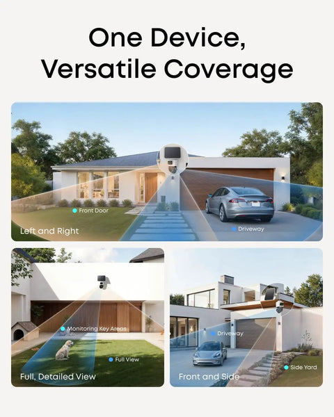 House with Two Camera Solar 4K Wireless Outdoor Security Kit With 360 Degree Coverage And Cross Cam Tracking, monitoring areas.