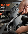 Five Piece Magnetic Pickup Tool Kit With Telescoping Flexible Flashlight in use, retrieving metal part in engine bay