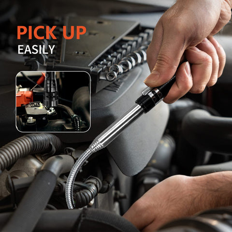 Five Piece Magnetic Pickup Tool Kit With Telescoping Flexible Flashlight in use, retrieving metal part in engine bay