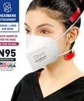 Woman wearing NIOSH Certified N95 Mask 95 Filtration Made in USA White Overhead Headband Respirator 20 Pack Particulate Protection