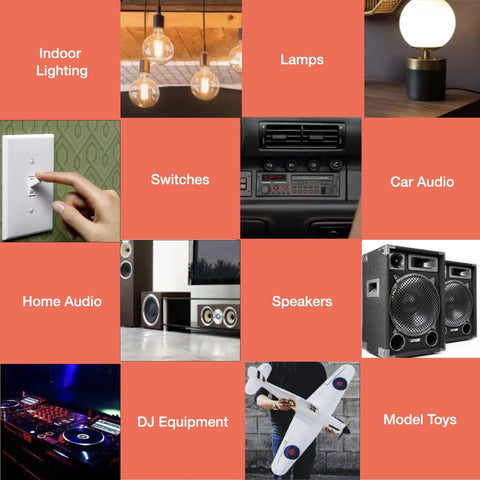 Grid showing applications for Low Voltage 18 Gauge Wire Bundle, Six Roll Pack, including lighting, audio, and DIY projects.
