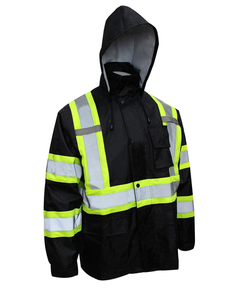 TBK66 Class 3 Rain Suit Jacket with Hi Vis Reflective X Pattern, ANSI ISEA 107 2028 Certified, Hooded Front View