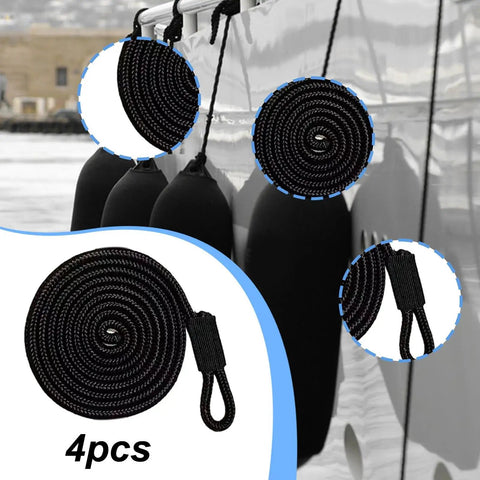 Four Piece Boat Mooring Lines Set Made From Marine Grade PP With Fray Resistant Eye Loop Ties Heavy Duty Docking Ropes.