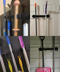 Heavy Duty Magnetic Mop Broom Holder With Swivel Hooks for Cleaning Tools installed on various surfaces, holding mops and brooms.