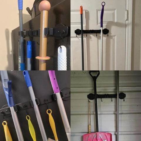 Heavy Duty Magnetic Mop Broom Holder With Swivel Hooks for Cleaning Tools installed on various surfaces, holding mops and brooms.