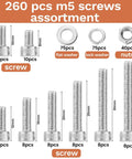 All Purpose M5 304 Stainless Steel Screws Kit With 260 Pieces For 3D Printers And Furniture, bolt and washer assortment