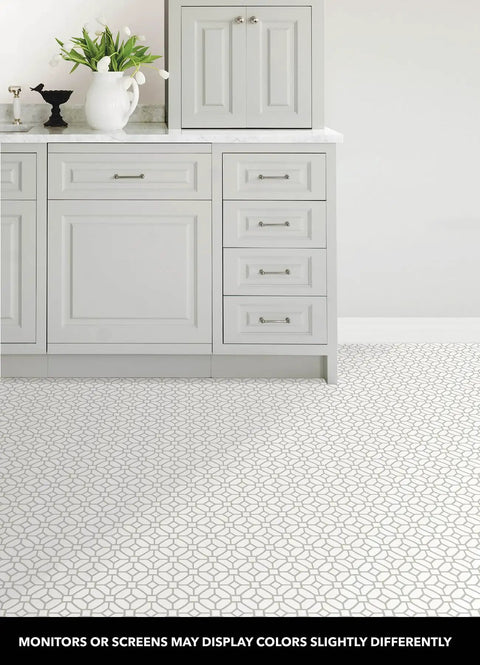 Geometric White And Off White Peel And Stick Floor Tiles 12 Inch Square Pack Of 10 Vinyl Lattice Pattern in kitchen