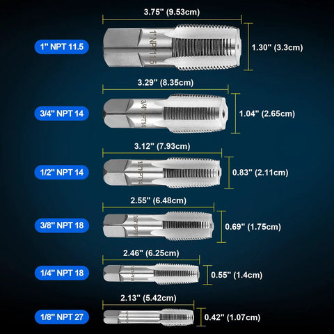 Pro Grade NPT Pipe Tap Set 6 Piece Kit With Sizes 1 Inch, Three Quarter Inch, One Half Inch, Three Eighths Inch, One Quarter Inch, One Eighth Inch Alloy Steel Pipe Thread Cutting Tool With Four Straight Flute Design And Handy Storage Case
