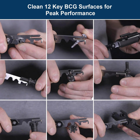 Carbon Scraper Tool For Precision Cleaning Of Mechanical Components Removes Carbon Buildup, shown cleaning various surfaces.